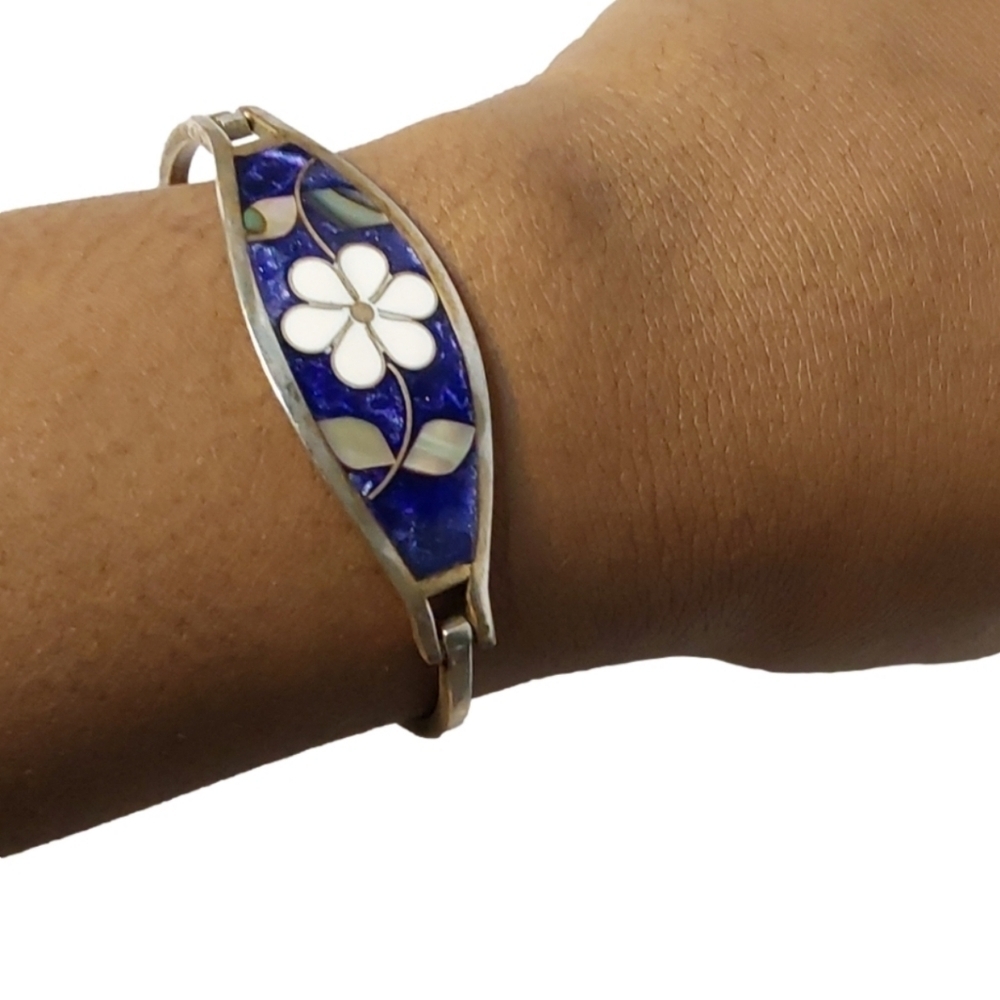 Vintage Alpaca Mexico Bracelet Silver Tone  Shell‎ Abalone Inlay Mother of Pearl